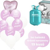 Helium sada - srdce světlerůžové a balónky s českým potiskem KRÁSNÉ NAROZENINY