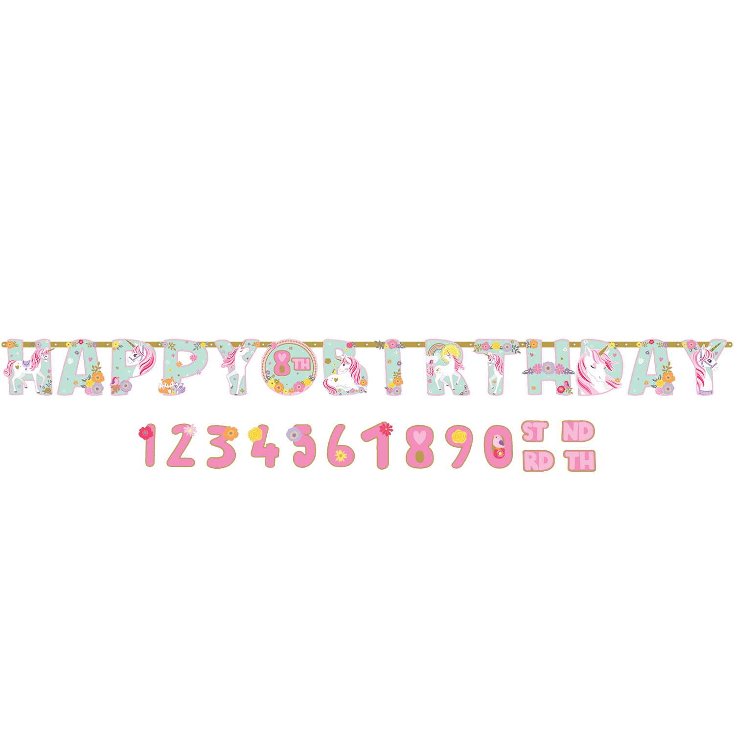 Jednorožec šťastné narozeniny nápis s číslem 3,2 m x 25,4 cm