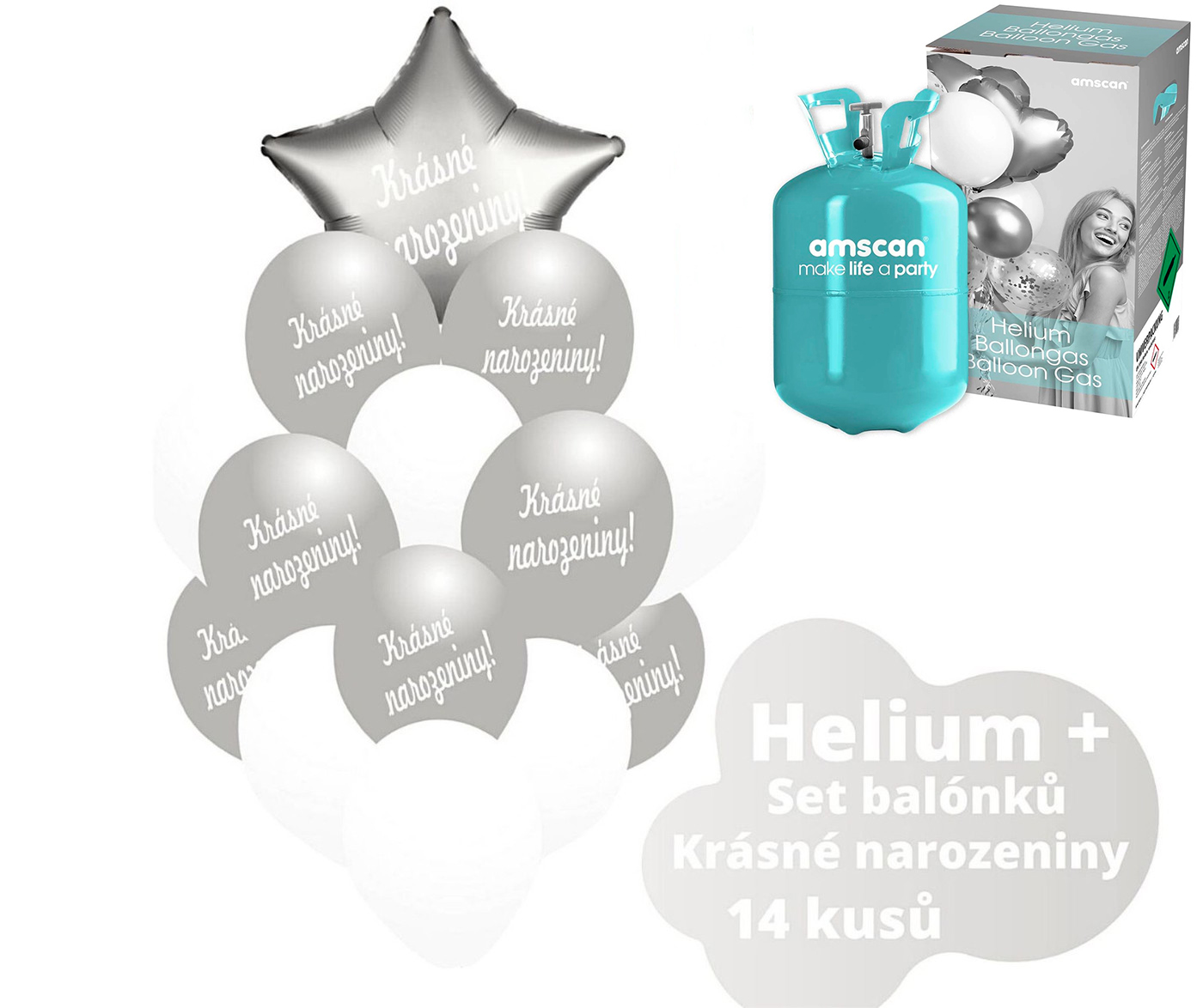 Helium sada - stříbrné balónky s českým potiskem KRÁSNÉ NAROZENINY