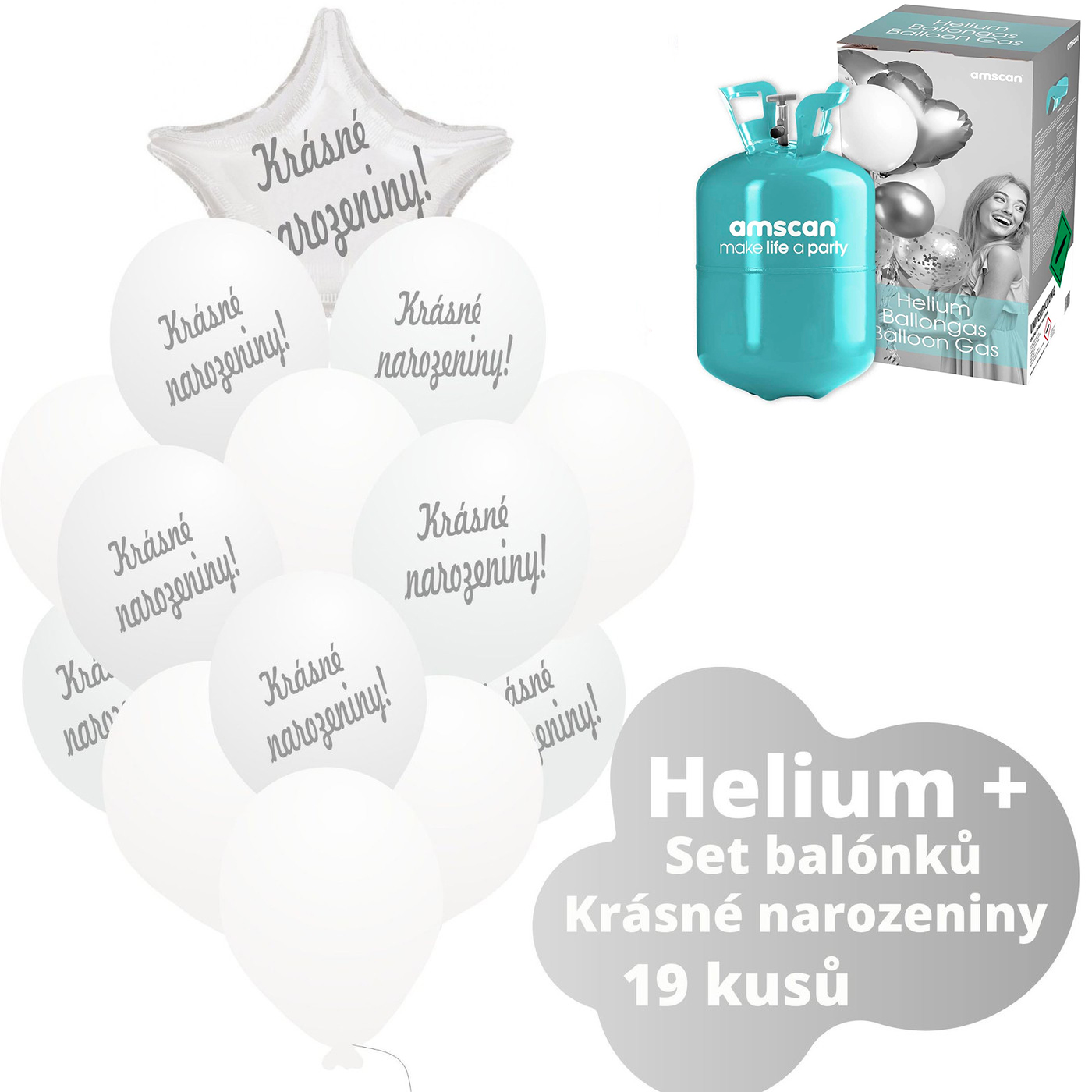 Helium sada - bílé balónky s českým potiskem KRÁSNÉ NAROZENINY