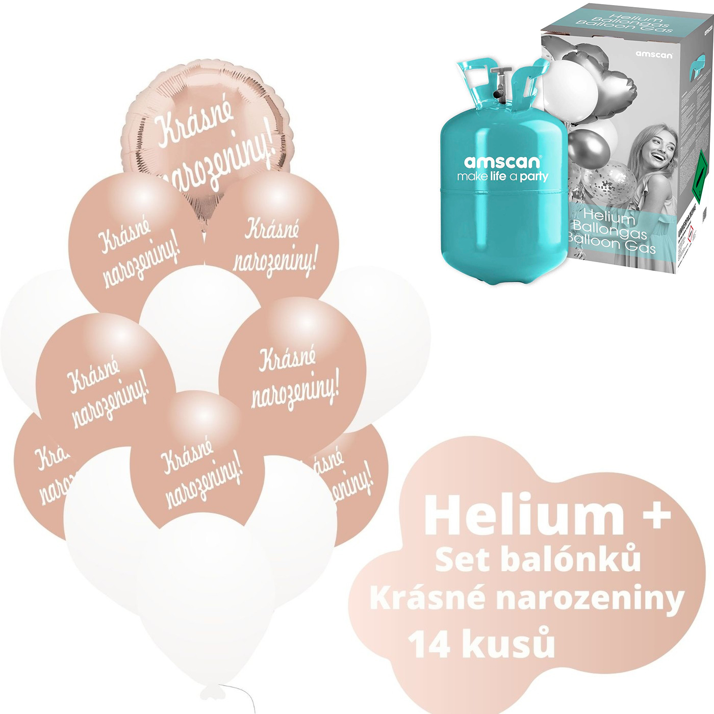 Helium sada - kruh růžovo-zlaté a  balónky s českým potiskem KRÁSNÉ NAROZENINY