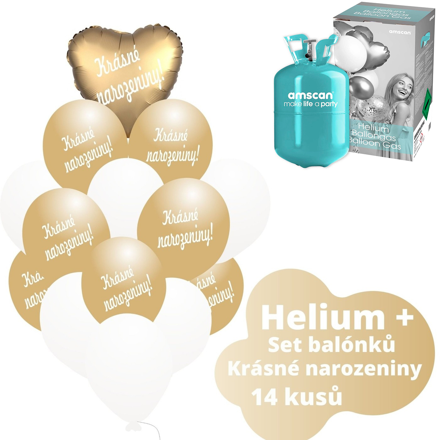 Helium sada - srdce zlatý a  balónky s českým potiskem KRÁSNÉ NAROZENINY