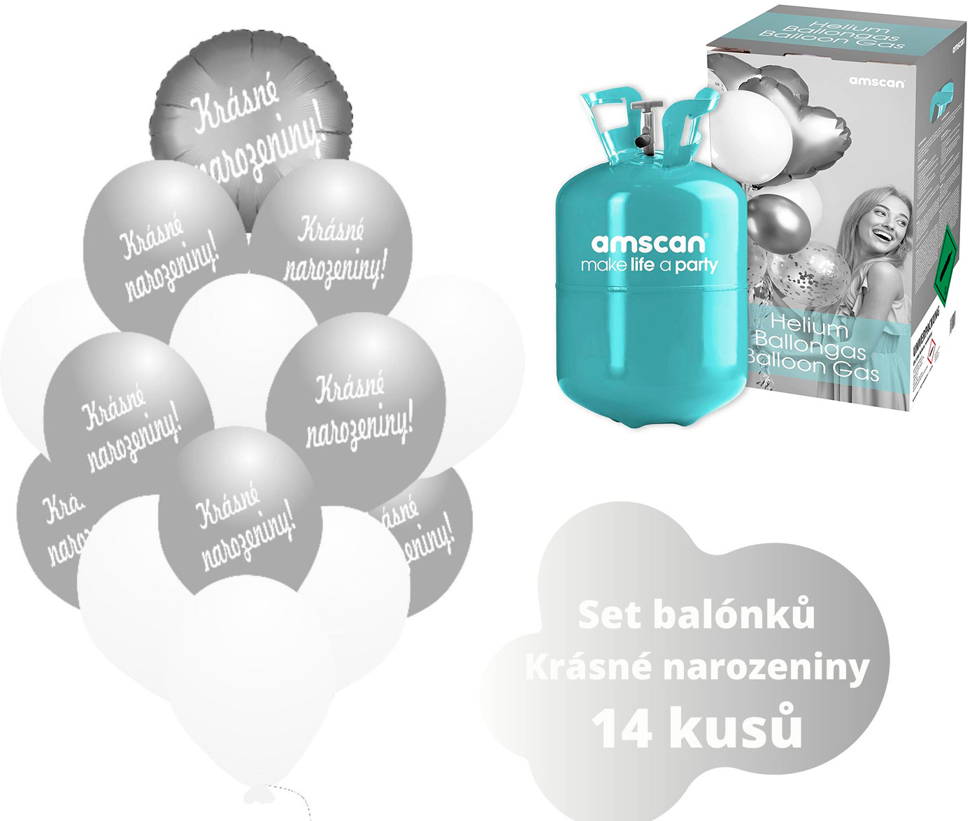 Helium sada - kruh  stříbrný a  balónky s českým potiskem KRÁSNÉ NAROZENINY