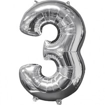 Balónek fóliový narozeniny číslo 3 stříbrný 66cm