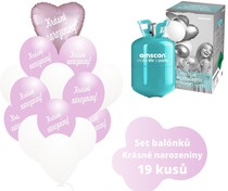 Helium sada - srdce světlerůžové a balónky s českým potiskem KRÁSNÉ NAROZENINY