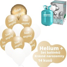 Helium sada - kruh zlatý a  balónky s českým potiskem KRÁSNÉ NAROZENINY