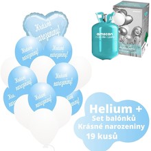 Helium sada - srdce světlemodré a balónky s českým potiskem KRÁSNÉ NAROZENINY