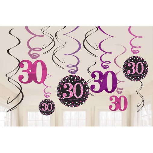 Závěsné dekorace 30. narozeniny pink 12 ks lesklé