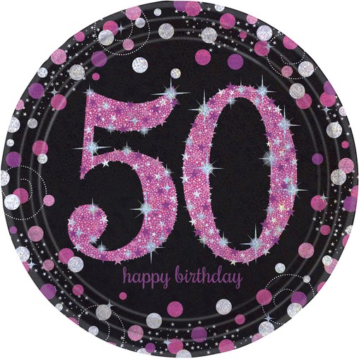 Talíře 50. šťastné narozeniny pink 8 ks 23 cm