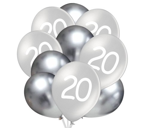 Balónky 20 narozeniny stříbrné 10 ks 30 cm mix