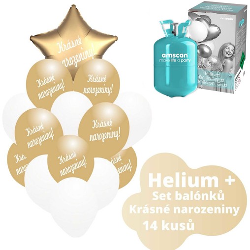 Helium sada - zlaté balónky s českým potiskem KRÁSNÉ NAROZENINY