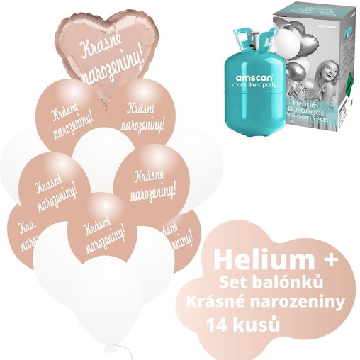 Helium sada - srdce růžovo-zlaté a  balónky s českým potiskem KRÁSNÉ NAROZENINY