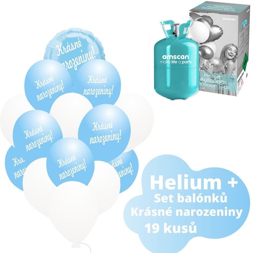 Helium sada - kruh světlemodrý a balónky s českým potiskem KRÁSNÉ NAROZENINY