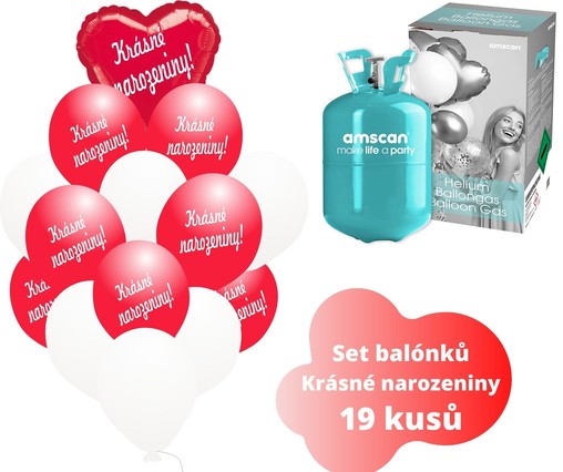 Helium sada - srdce červené a balónky s českým potiskem KRÁSNÉ NAROZENINY