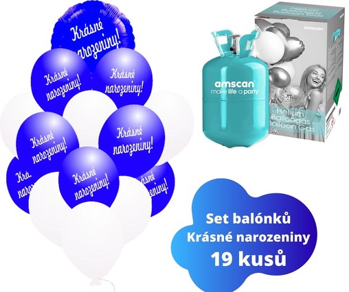 Helium sada - kruh tmavomodrý a balónky s českým potiskem KRÁSNÉ NAROZENINY