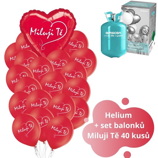 Helium sada - červené balónky s českým potiskem Miluji Tě 40 ks